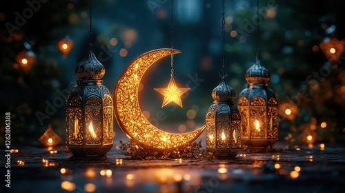 Islamic ramadan background design in fairy tale style with red crescent and lantern,place for text, ramadan