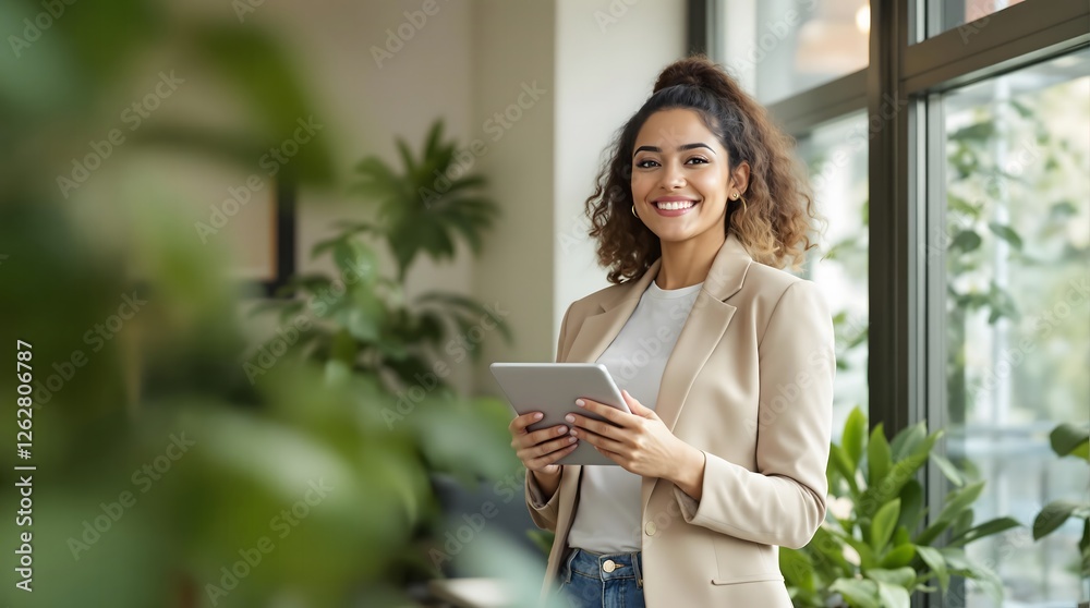 Confident businesswoman using a tablet in a modern office setting. Confident businesswoman using a tablet in a modern office setting.