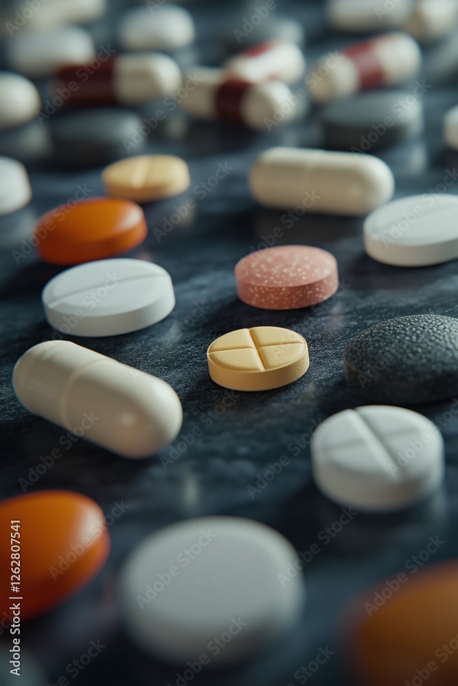 Macro shot of various pills on a surface. Macro shot of various pills on a surface.