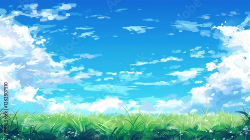 the view of the prairie decorated with sun and clouds