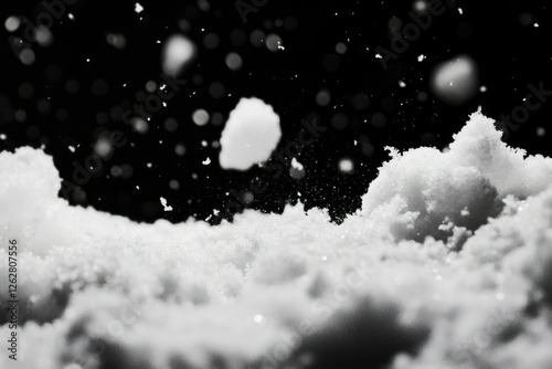 Snowflakes falling on snow, close-up, black background. Possible use Stock photo for winter, nature photo