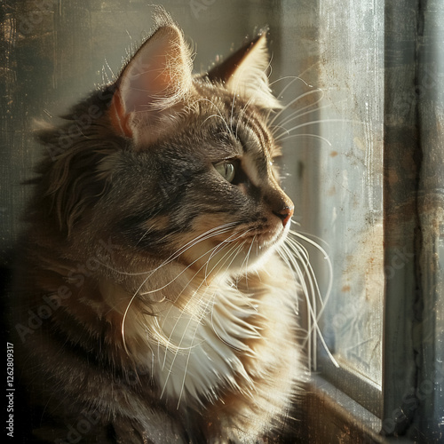 charming cat gazes out window, illuminated by soft sunlight, creating serene atmosphere