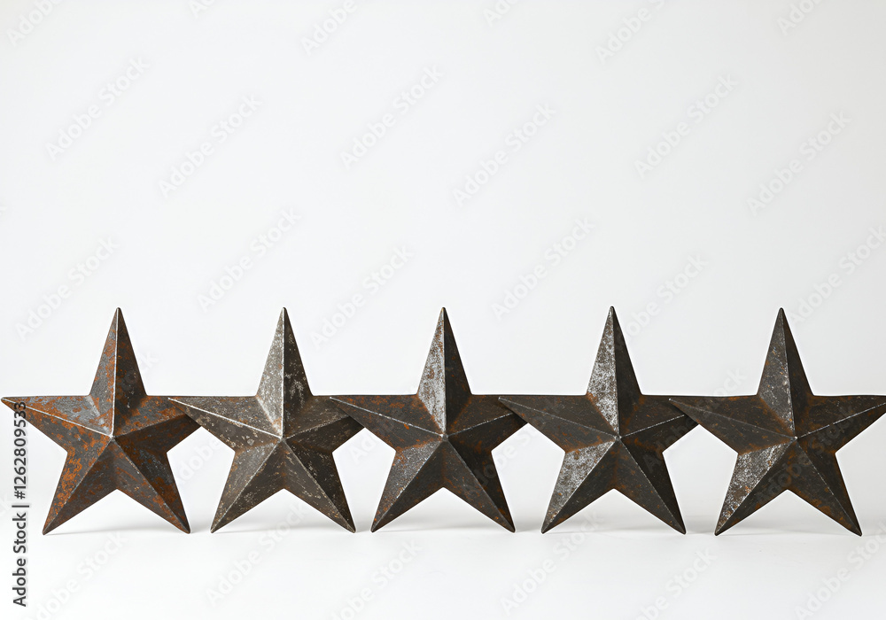 Fototapeta premium Rustic metal five stars weathered vintage decor elements isolated on plain background