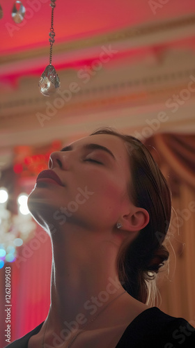 Elegant woman with closed eyes, enjoying moment under sparkling decor