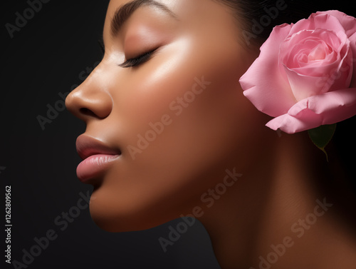 A woman’s side profile with closed eyes surrounded by pink rose petals, symbolizing inner peace and strength, captured with serene lighting and soft detail. photo