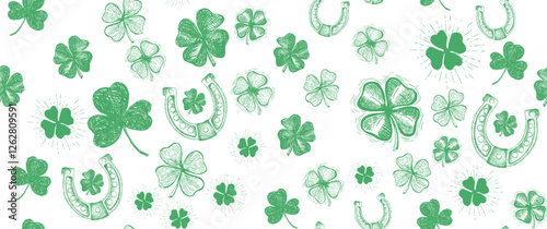 St. Patricks Day, clover pattern on white. Hand drawn illustrations	

