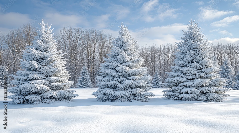 Three Snow Covered Evergreen Trees in a Winter Wonderland Scene Three Snow Covered Evergreen Trees in a Winter Wonderland Scene