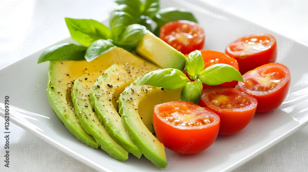 Fresh Avocado and Tomato Salad with Basil on a White Plate Fresh Avocado and Tomato Salad with Basil on a White Plate