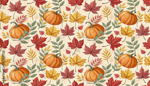 autumn leaves and pumpkins seamless pattern wallpaper winter design