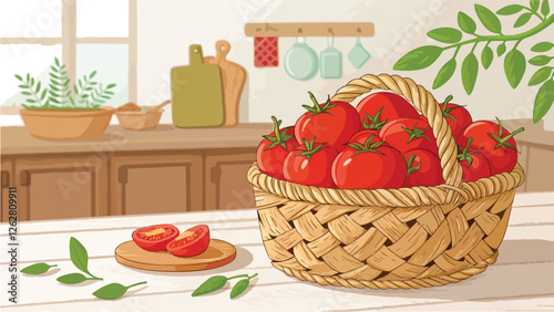 Red Tomato in wicker basket with Tomato Slice in kitchen vector design