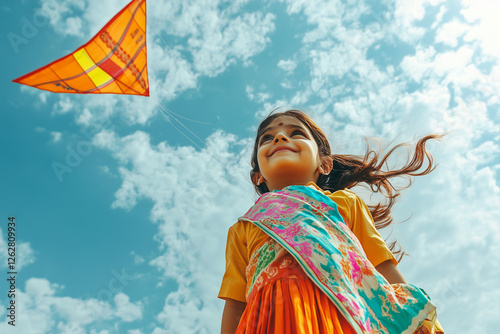 A cheerful Indian girl child flying a kite 