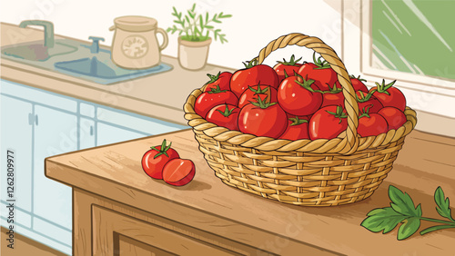 Red Tomato in wicker basket with Tomato Slice in kitchen vector design