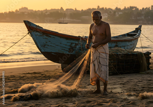 Middle-aged South Indian fisherman in a white lungi repairing nets on a Kerala beach