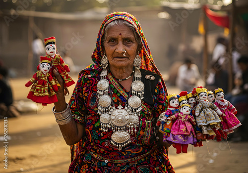 Elderly Rajasthani woman in a vibrant Ghagra-Choli selling handmade puppets 