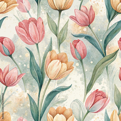 Seamless Wash Background with Tulip Patterns, Soft Strokes and Blended Colors for Festival Memorabilia  
