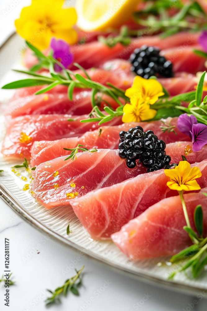 closeup photo of an exquisite tuna carpaccio elegantly arranged on a vintage crystal plate, thinly sliced raw tuna drizzled with golden olive oil, garnished with luxurious black caviar closeup photo of an exquisite tuna carpaccio elegantly arranged on a vintage crystal plate, thinly sliced raw tuna drizzled with golden olive oil, garnished with luxurious black caviar