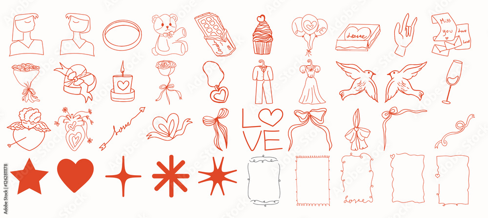 Set of Valentine whimsical hand drawn illustrations for Valentine's Day,wedding,invitation,card,cover, banner, poster and more Set of Valentine whimsical hand drawn illustrations for Valentine's Day,wedding,invitation,card,cover, banner, poster and more
