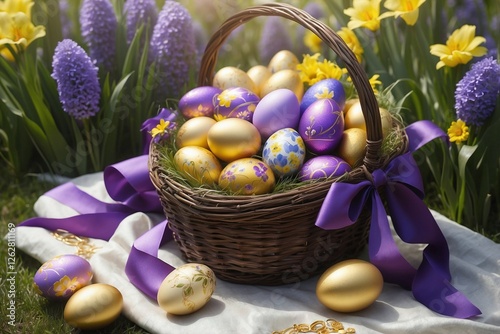 A basket filled with vibrant purple and sunny yellow Easter eggs, adorned with flowers