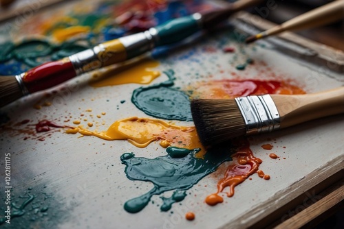 A close-up of a paintbrush covered in paint, symbolizing the process of creativity photo