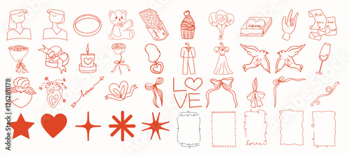 Set of Valentine  whimsical  hand drawn  illustrations for Valentine's Day,wedding,invitation,card,cover, banner, poster and more