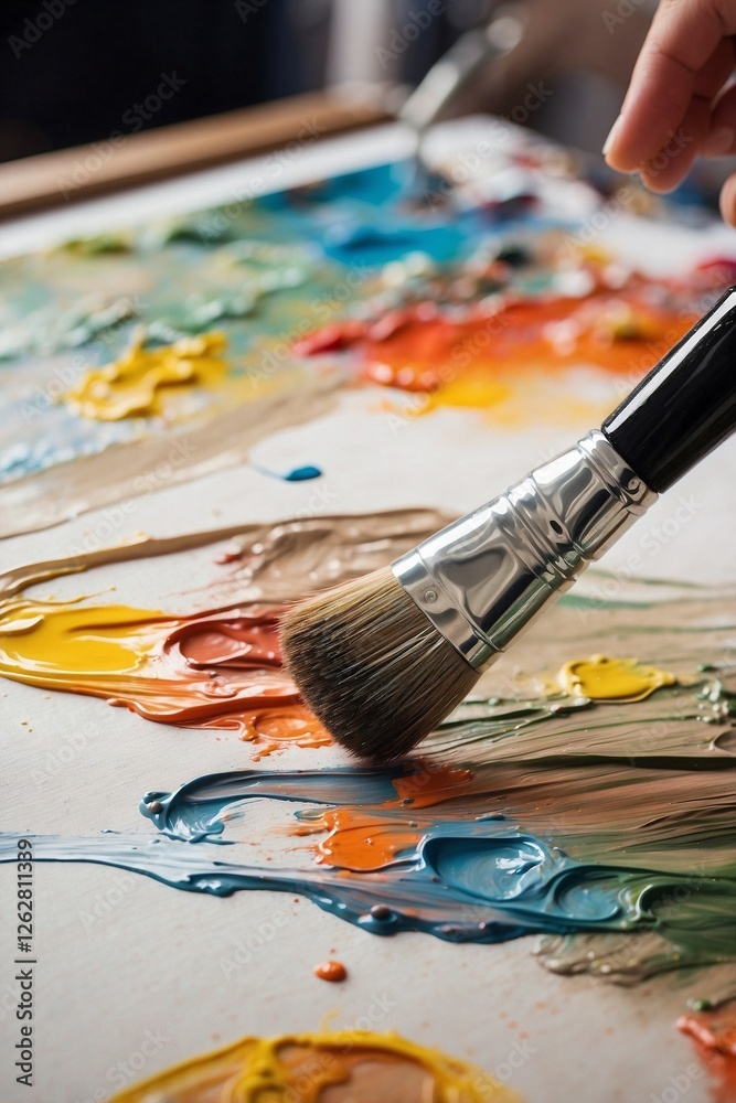 Fototapeta premium A close-up of a paintbrush covered in paint, symbolizing the process of creativity