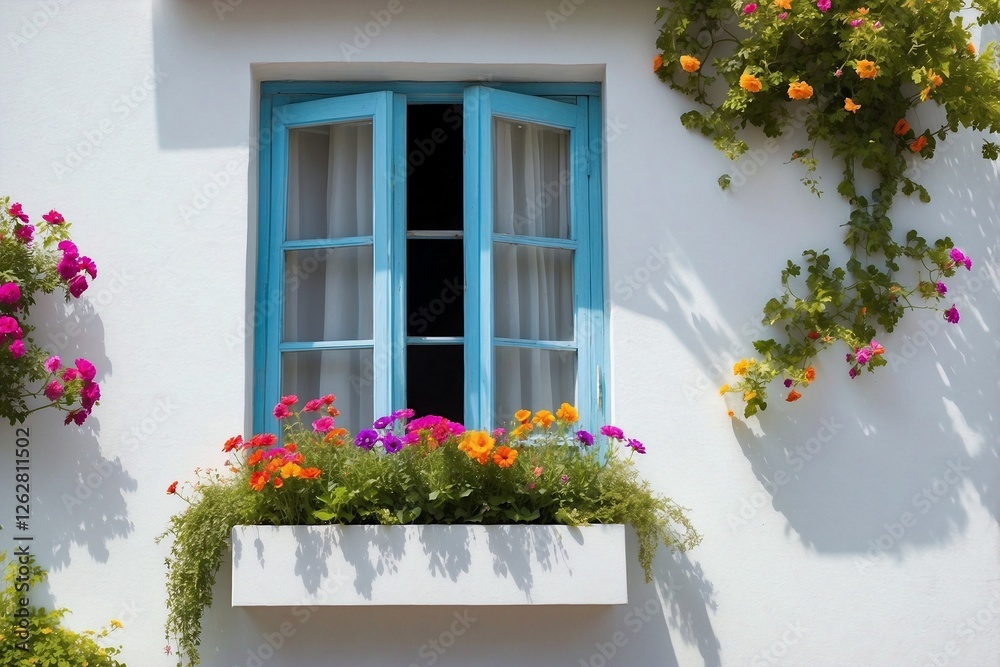 Naklejka premium Close-up of a window in a white building with a variety of bright flowers on the windowsill