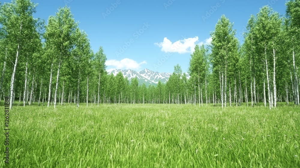 Obraz premium Birch forest meadow, mountain backdrop, sunny day, nature scene, landscape photography