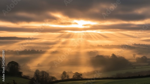 golden sunrise over misty valley landscape photo