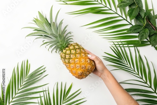 Fresh Pineapple in Hand Surrounded by Tropical Leaves on White Background photo