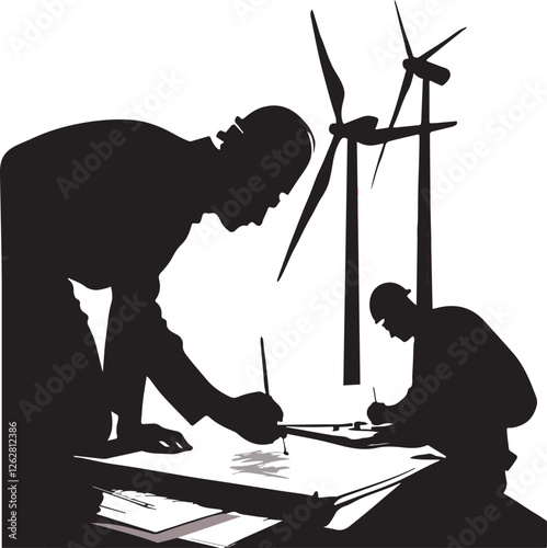 Two engineers are designing a turbine. This is a vector design. Beautifully arranged with line art. Easily editable for users.