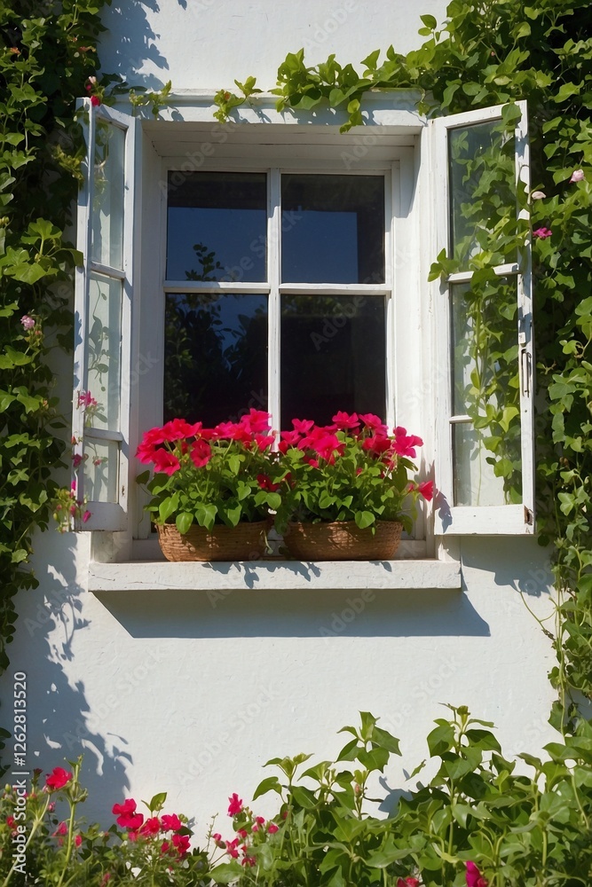 Fototapeta premium Close-Up of a Window Framed by Green Vines Against the Background of a White Building