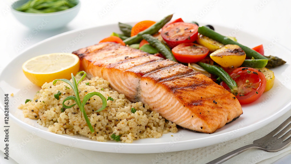 Nutritious Meal Prep with Grilled Salmon, Quinoa, and Fresh Veggies on White Background
Nutritious Meal Prep with Grilled Salmon, Quinoa, and Fresh Veggies on White Background