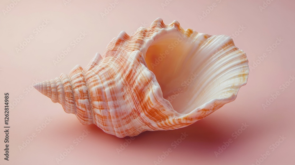 Striped seashell with pointed apex and pale pink background Striped seashell with pointed apex and pale pink background