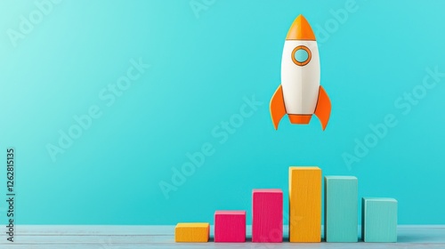 Fototapeta Naklejka Na Ścianę i Meble -  A symbolic rocket launching from a bar chart representing growth.