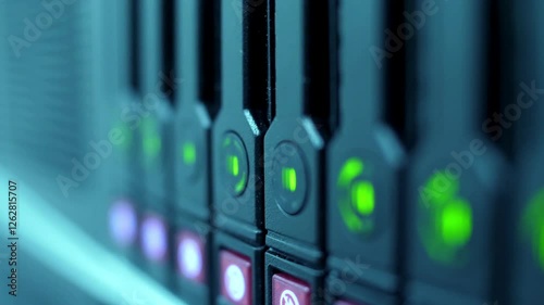 close up view data center showing server equipment with flickering light indicators Cloud computing