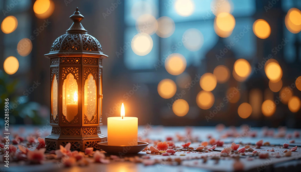 Arabic glowing lamp and candle in dark bokeh background with Arabic lantern for Eid al Fitr and Ramadan Mubarak design concept. Arabic glowing lamp and candle in dark bokeh background with Arabic lantern for Eid al Fitr and Ramadan Mubarak design concept.