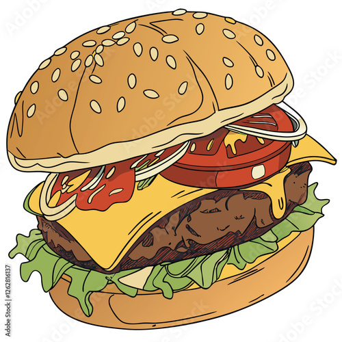 Deliciously Drawn Cheeseburger with Dripping Sauce, Ai Generated