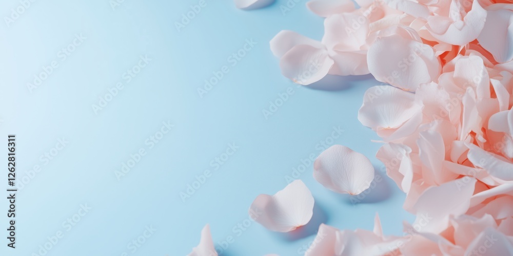 Fototapeta premium Soft pink petals scattered on a light blue surface, creating a serene atmosphere