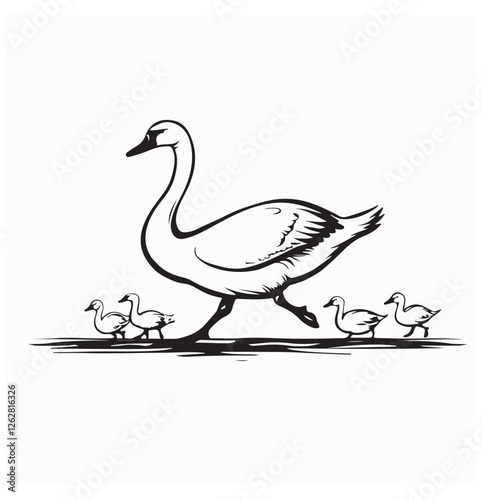 Baby swans following mother image vector isolated on white background.