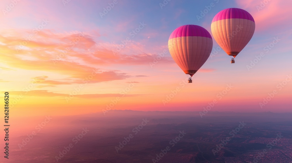 Obraz premium Two hot air balloons at sunrise over landscape. Possible use stock photo for travel, adventure, or tourism