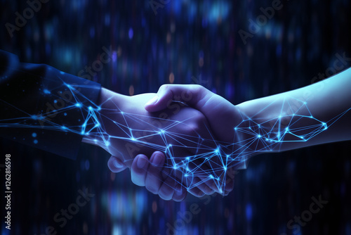 A futuristic handshake between a human and a digital entity, symbolizing collaboration between technology and people.
