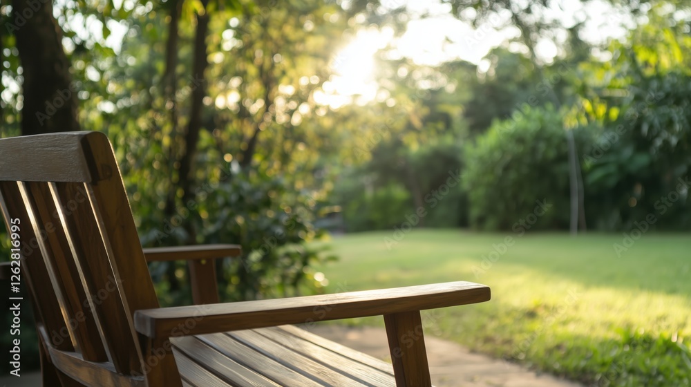 Relaxing wooden bench in a serene garden at sunset Relaxing wooden bench in a serene garden at sunset