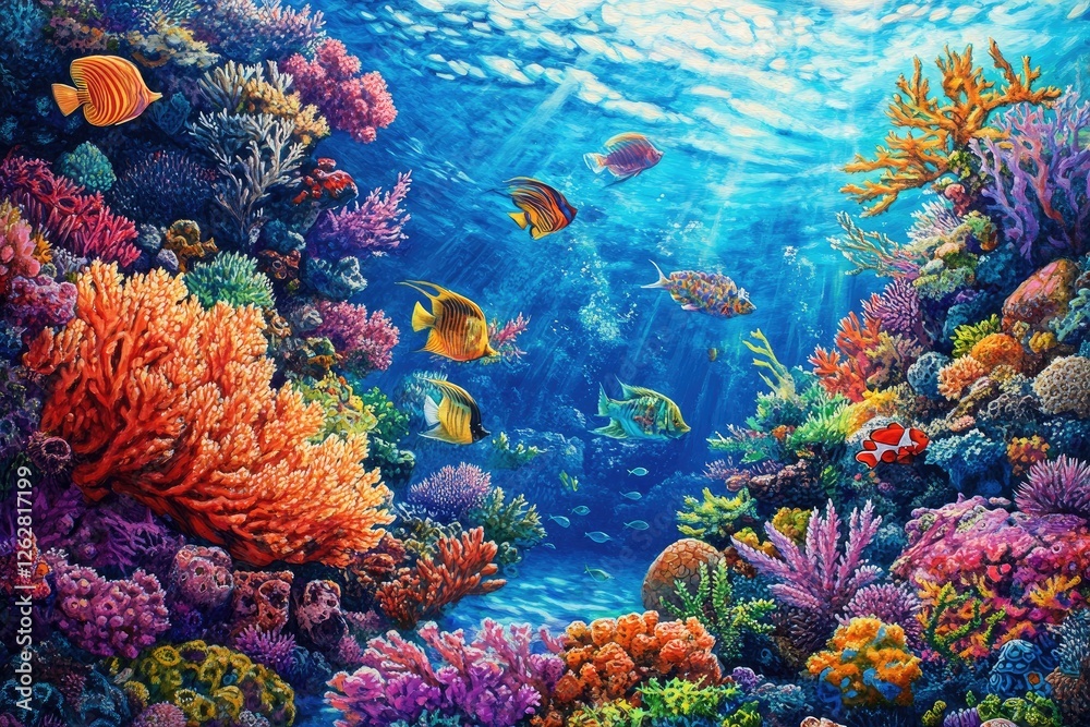 Obraz premium A vibrant coral reef with colorful corals and tropical fish, under the blue sky of an island in the South Seas.