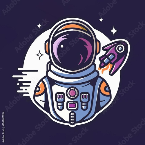 astronaut noir with spaceship, 2d Sticker, colorful, t-shirt clean design, illustration ai generated