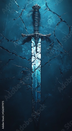 Broken Glass Effect with Dark Blue Background Featuring a Sword