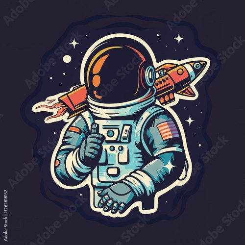 astronaut noir with spaceship, 2d Sticker, colorful, t-shirt clean design, illustration ai generated