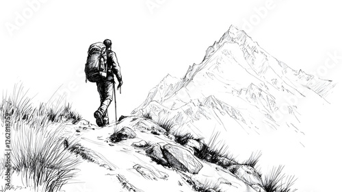 Black and white ink drawing of an explorer with walking sticks in the mountains
