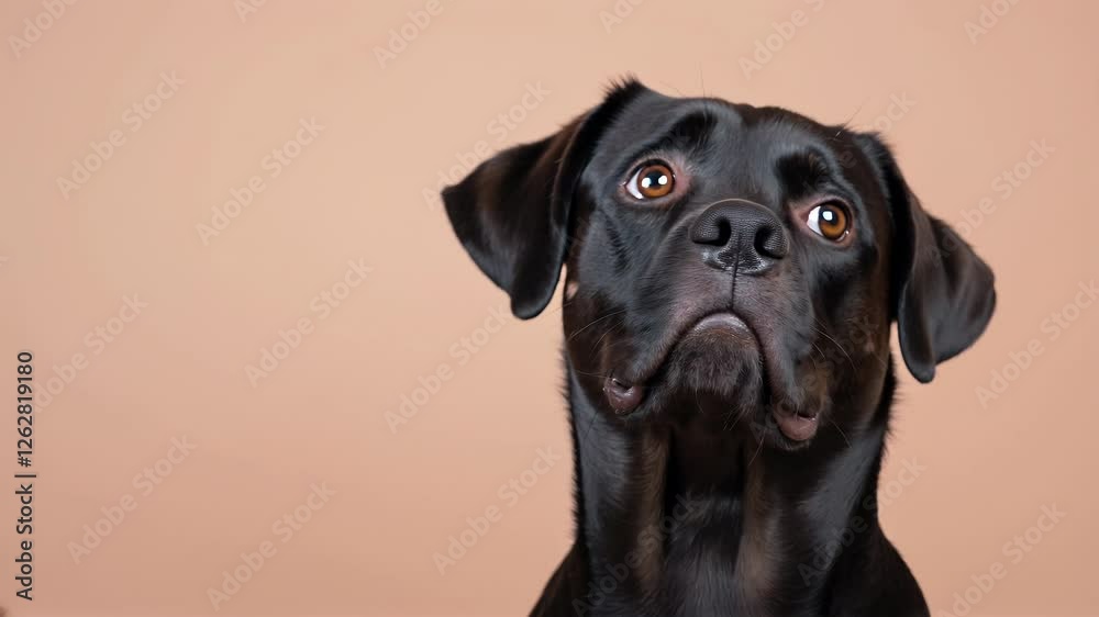 Close-up of a Mastiff looking at the camera and turning its head on a light brown background. Close-up of a Mastiff looking at the camera and turning its head on a light brown background.