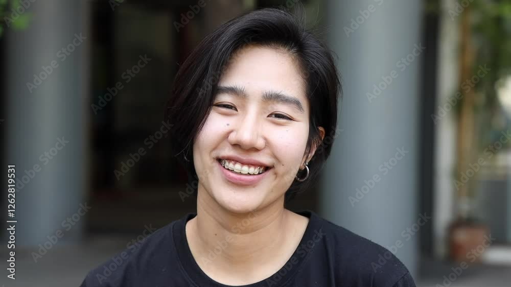 Happy friendly asian non-binary LGBT or QQIAA person smiling to camera Happy friendly asian non-binary LGBT or QQIAA person smiling to camera