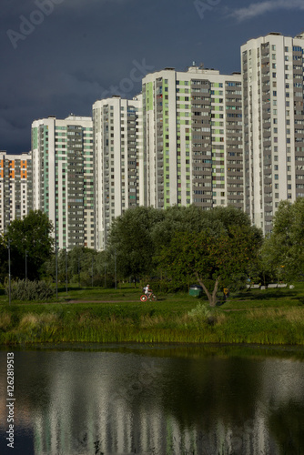 Modern apartment buildings on the river bank